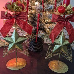 2 Vtg. Gold Star Candle Holders With Candle Rings And Candles